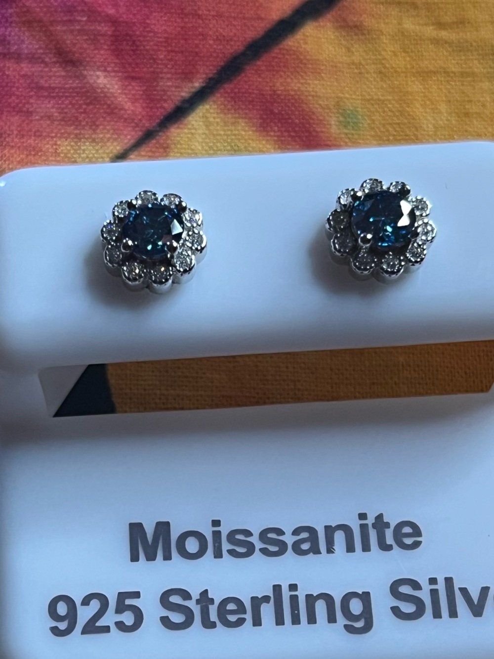 0.70 CTW Sapphire Blue Moissanite Flower Halo DTP 925 Silver Earrings NWT